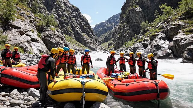 Group rafting adventure on fast moving river between rocky mountain canyon on bright sunny day