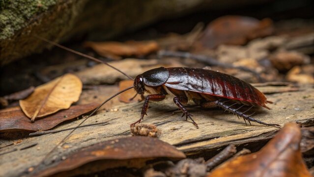 Macro photograph of a glossy black Oriental Cockroach (Blatta orientalis) crawling on damp decaying leaves in its natural habitat.