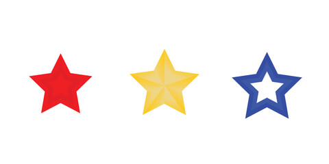 Obraz premium Set of 3 Colorful Star Icons Vector Illustration: Red, Yellow, and Blue Star Shapes for Rating, Achievement, and Quality Design Elements