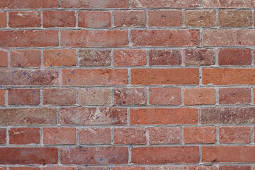 Fototapeta premium Textured red brick wall with various shades of red and brown bricks arranged in a uniform pattern, showcasing the natural imperfections and character of the material