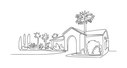 Minimalist line of a house with palm trees and foliage architecture