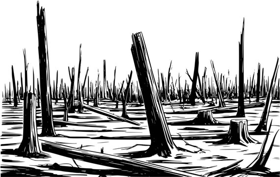 Stark black and white of a desolate burnt forest landscape with dead trees and stumps