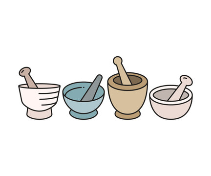 herb mortar and pestle icons set
