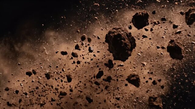 A dark explosion of brown particles and irregular shapes against black