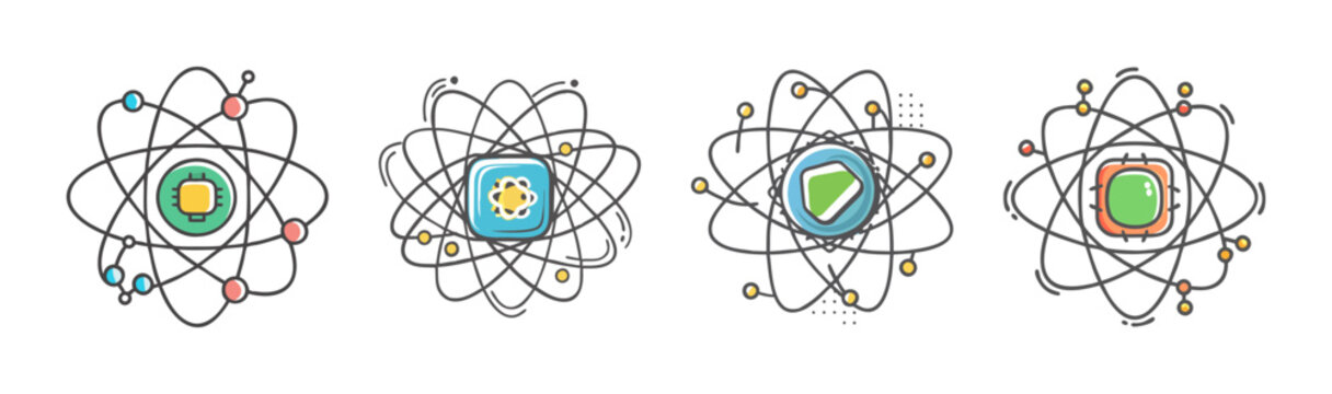 Abstract atomic structure icons representing quantum computing and science concepts
