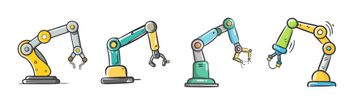 Collection of four cartoon robotic arms with grippers for industrial automation