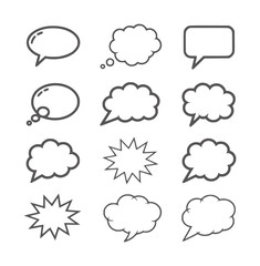 Twelve black and white speech bubbles and thought bubbles cloud comic