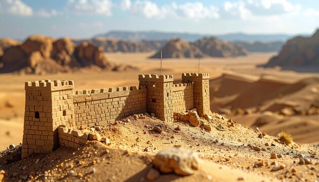 Miniature ancient desert fortification with stone battlements on a sandy hillside, a detailed historical model.