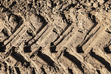 Tractor tire tracks in dry soil texture. Deep wheel tread marks on dirt ground. Agricultural vehicle track pattern on earth surface. Natural soil background with tire imprint. © Paweł Michałowski