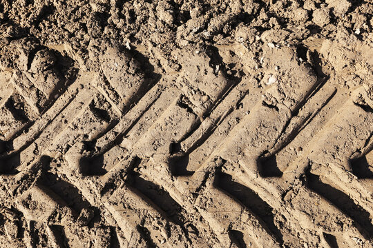 Tractor tire tracks in dry soil texture. Deep wheel tread marks on dirt ground. Agricultural vehicle track pattern on earth surface. Natural soil background with tire imprint.