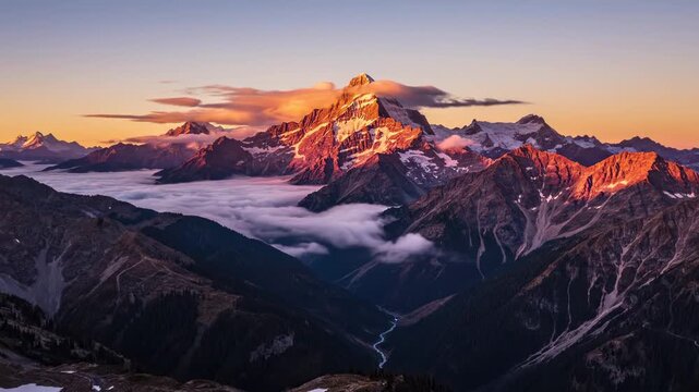 Majestic mountain peaks at sunset with cloud inversion landscape