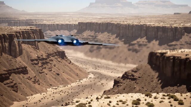 Black stealth bomber soars over rugged desert terrain. Sunlight glints off its dark, angular wings. Dust kicks up behind as it cuts through arid landscape. No people visible, only powerful