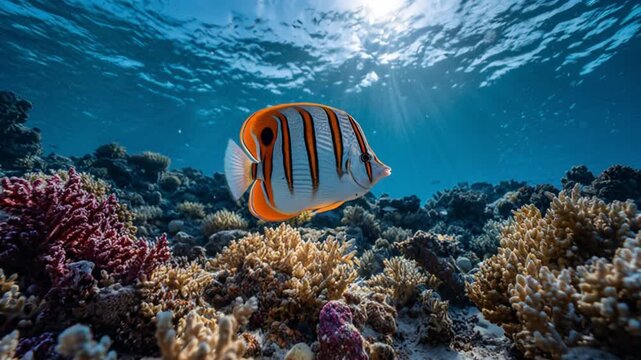 Colorful fish swimming over coral reef in sunlit underwater environment