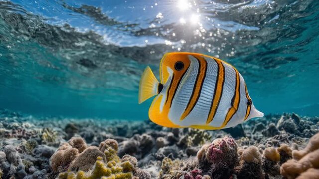 Colorful butterflyfish swimming over coral reef with sunlight