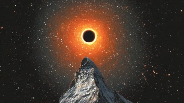 Cosmic black hole above mountain peak against starry background