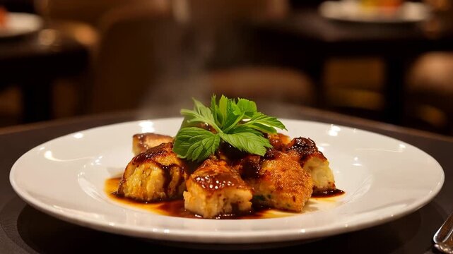 Delicious chicken breast pieces smothered in rich brown sauce and fresh green herbs on a white plate in a restaurant
