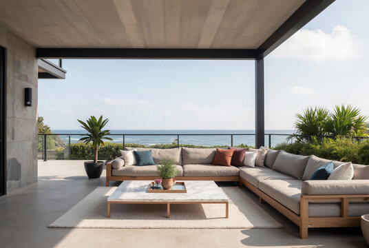 Luxurious modern outdoor patio terrace featuring an elegant dining setup and comfortable lounge seating with a stunning view of a serene natural landscape.