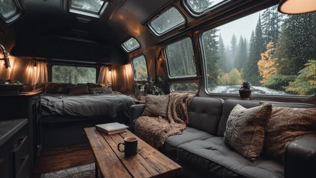 Cozy interior of a camper van relaxation and nature view