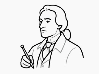 Fototapeta premium Outline portrait of a thoughtful man holding a pencil with a minimal white background