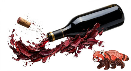 Fototapeta premium Red Wine Splash Artistry with Stylized Red Panda Illustration