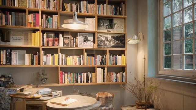 Cozy interior scene featuring bookshelves window and reading nook