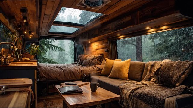 Cozy van interior with wooden paneling and forest views