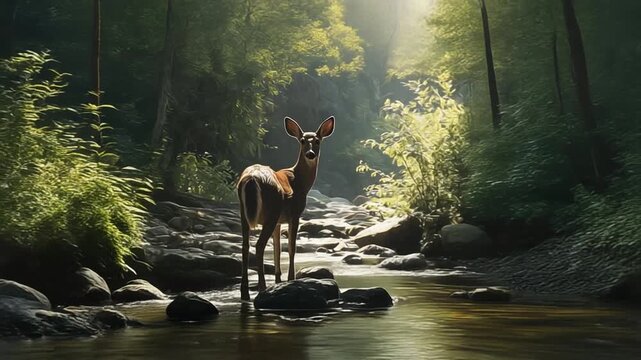 Deer standing in forest creek surrounded by green foliage and sunlight