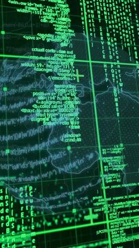 Vertical video: Cam panning across holo globe, grid and code shifting, crosshair nodes for control
