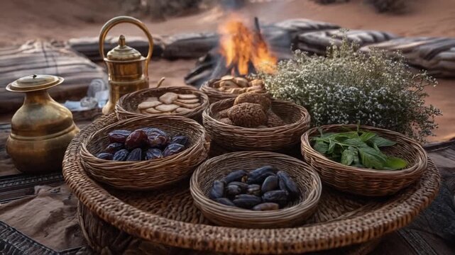 Desert campfire feast assortment of food and beverages for gathering