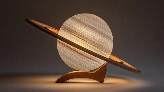 Decorative saturn lamp with wooden base and ring on neutral backdrop