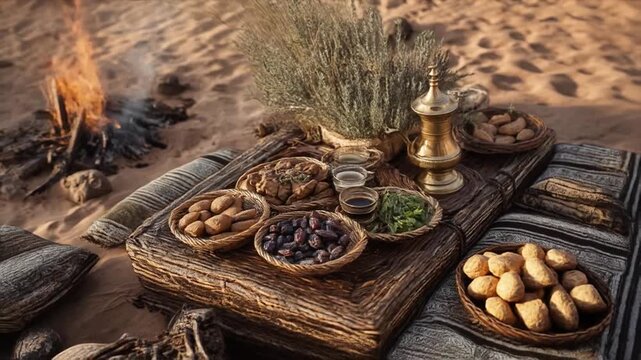 Desert dining scene with food and campfire under warm sunlight