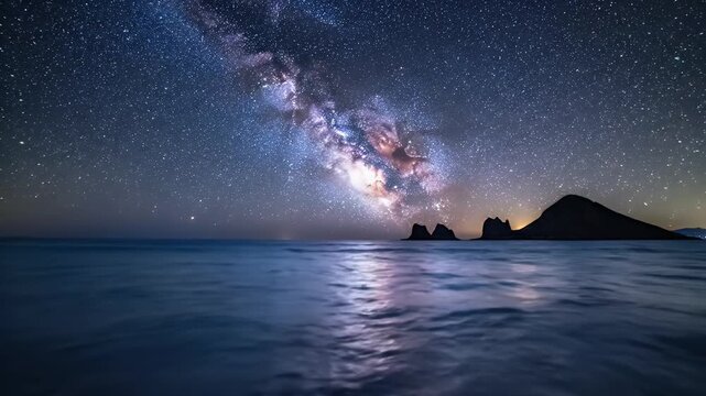 Celestial Milky Way Arch Over Calm Ocean and Silhouetted Island Peaks at Night