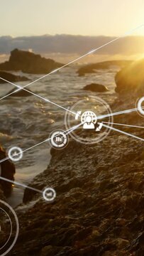 Vertical video: HUD dot appearing and pulsing over rocks, expanding into globe web for tech design