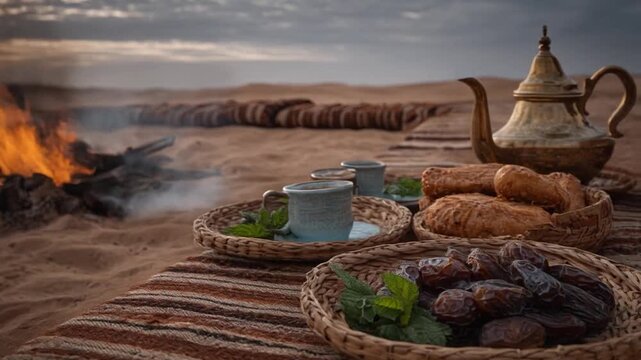 Desert camp scene dates tea and firelight at sunset