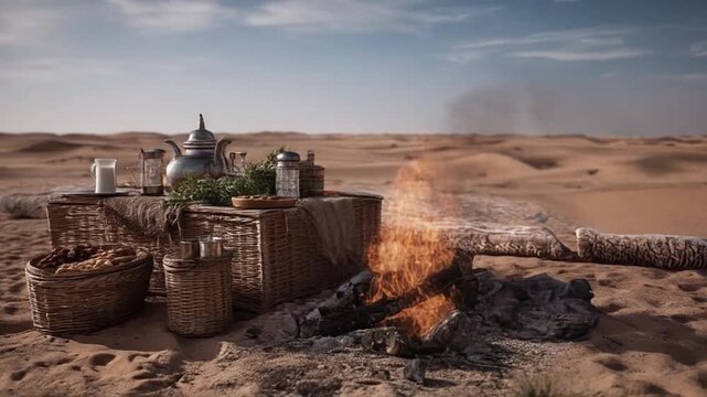 Desert picnic scene with fire pit and traditional items in natural sunlight