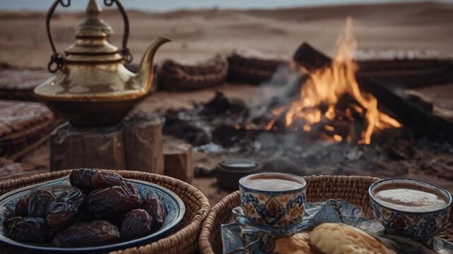 Desert scene with traditional teapot food and burning fire at dusk