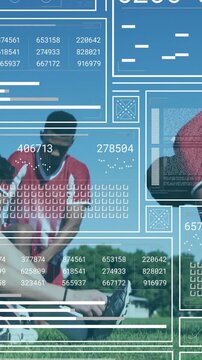 Vertical video: Seated teen tying cleat on pitch, HUD showing stats over scene with warmup starting