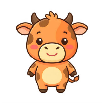 Smiling brown cow with horns and spots, children's book illustration of a happy cow character, isolated on transparent background