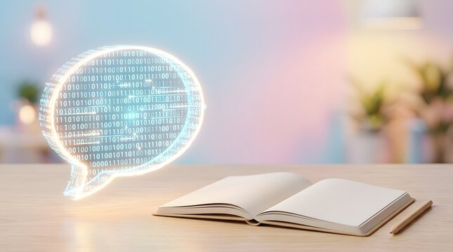 Futuristic Digital Bubble with Binary Code Above an Open Notebook on a Wooden Table