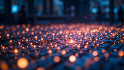 Fototapeta premium Glowing orange lights on a dark grid background with bokeh effect creating a mesmerizing ambiance