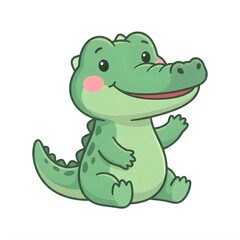 Fototapeta premium Smiling green cartoon crocodile with rosy cheek, sitting and waving, isolated on transparent background