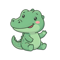 Fototapeta premium A cheerful green cartoon crocodile with a smile and rosy cheek waving happily isolated on transparent background