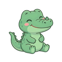 Fototapeta premium A cheerful green cartoon crocodile with a happy face and rosy cheeks sitting on its haunches, isolated on transparent background.
