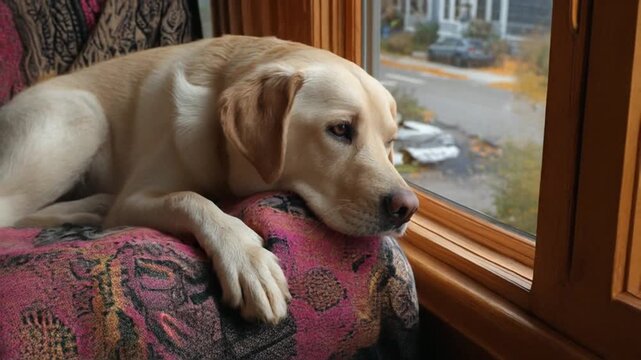 Dog resting by windowframe looking out day exterior view