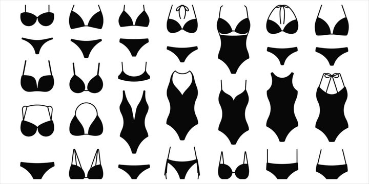 Collection of black silhouette icons of women's swimwear and lingerie bikini swimsuit