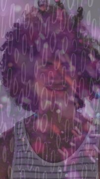 Man striped-tank sitting center as purple ovals shifting over face, lips moving to smile for design