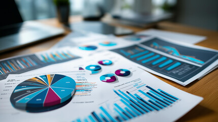 Obraz premium Close-up of various business analytics and metrics displayed in charts and graphs, data visualization presentation, with copy space