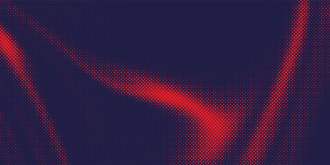 Fototapeta premium Red particle wave composition, clustered halftone dots creating smooth curved light bands across dark navy surface.
