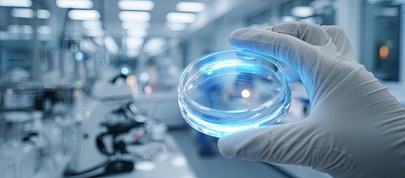Scientist holds glowing petri dish in a modern laboratory