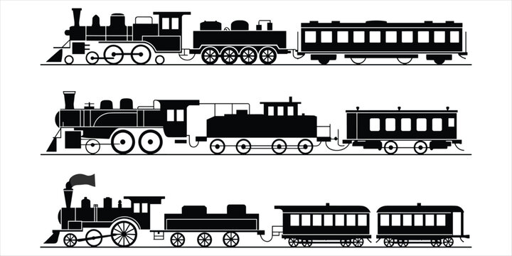 Collection of three black silhouette steam trains with passenger cars on white background locomotive